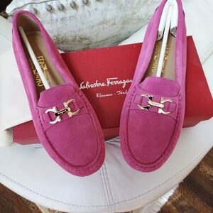 Salvatore Ferragamo Pink Suede Loafers with Gold Hardware
